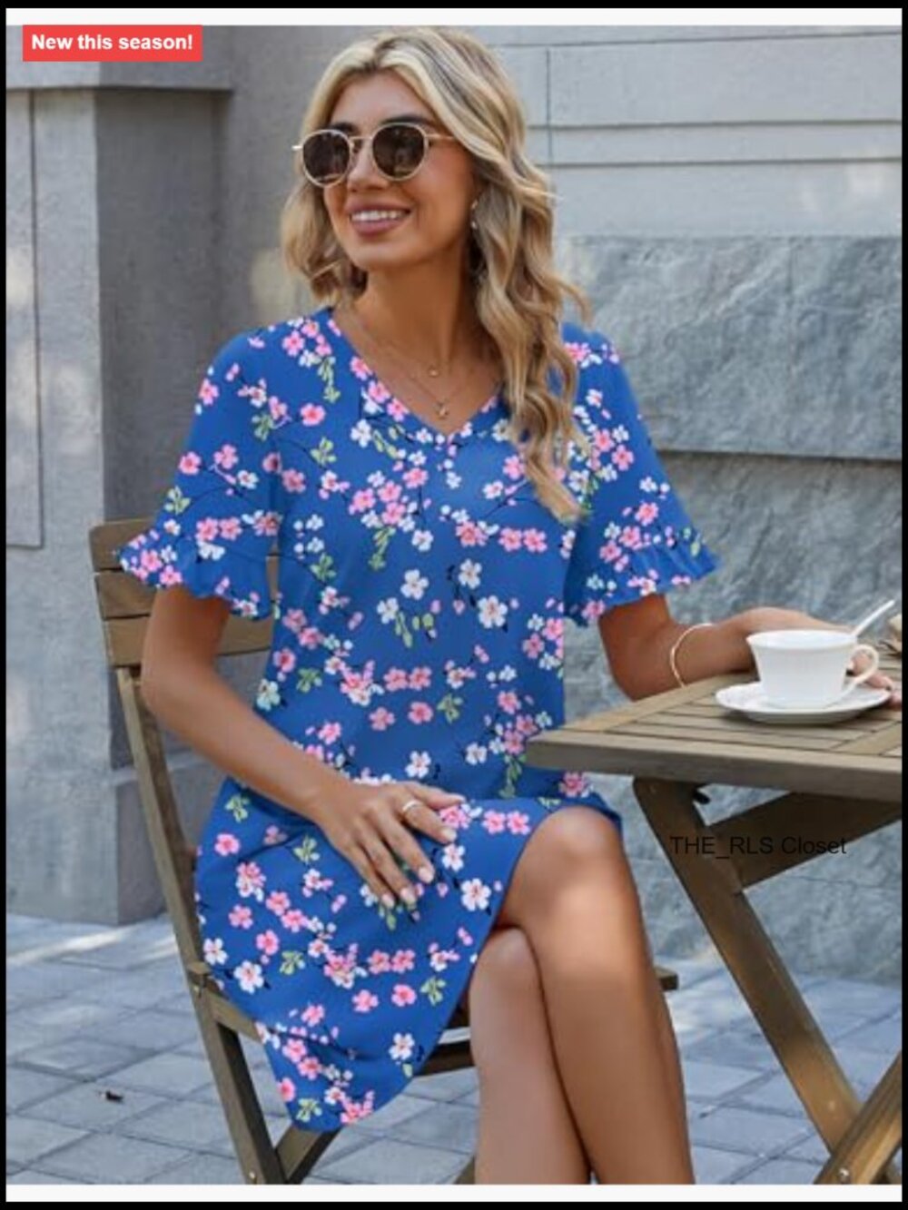 Ruffle Short Sleeve V-Neck Floral A-Line Dress with Pockets - Picture 4 of 7